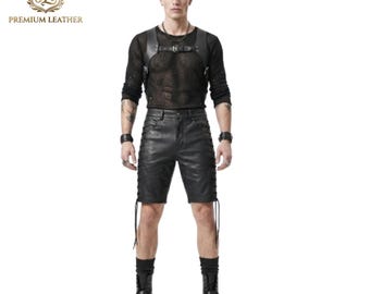 Men's Leather Shorts, Lace Up Leather Shorts, Gothic Leather Shorts, Biker Shorts Men, Black Leather Shorts, Festival Shorts, LGBTQ