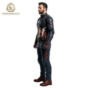 May include: A full-body leather costume featuring a dark blue jacket with a white star emblem on the chest, red and white torso panels, brown utility belt, matching dark blue trousers with red accents, and brown leather boots, worn by a bearded man.