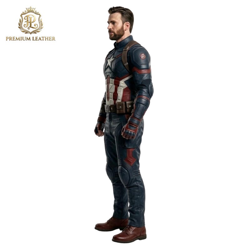 May include: A full-body leather costume featuring a dark blue jacket with a white star emblem on the chest, red and white torso panels, brown utility belt, matching dark blue trousers with red accents, and brown leather boots, worn by a bearded man.