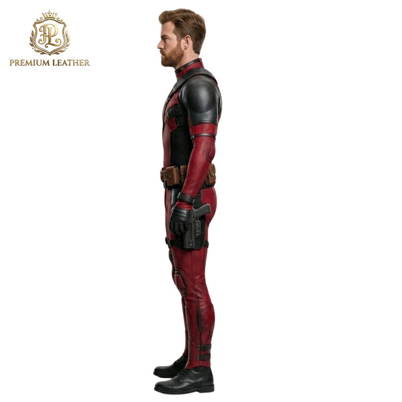 May include: A full-body red and black leather tactical suit featuring a high collar, shoulder padding, and a brown utility belt at the waist. The suit includes a holster with a handgun attached to the right thigh and black boots on the feet.
