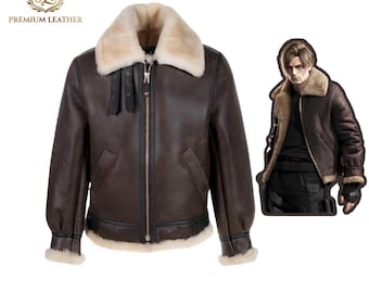 Leon Kennedy RE4 Leather Jacket | Resident Evil 4 Remake B3 Bomber Shearling Coat | Brown Cosplay Halloween Gaming Gift For Him