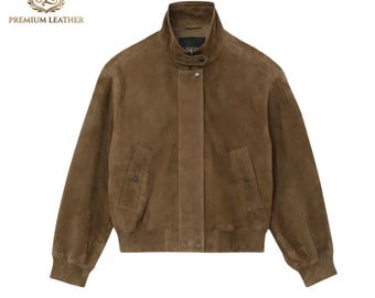 Men's & Women's Luxury Brown Suede Leather, Bomber Jacket, Premium High-Neck Aviator Coat with Ribbed Trim and Snap-Button Closure