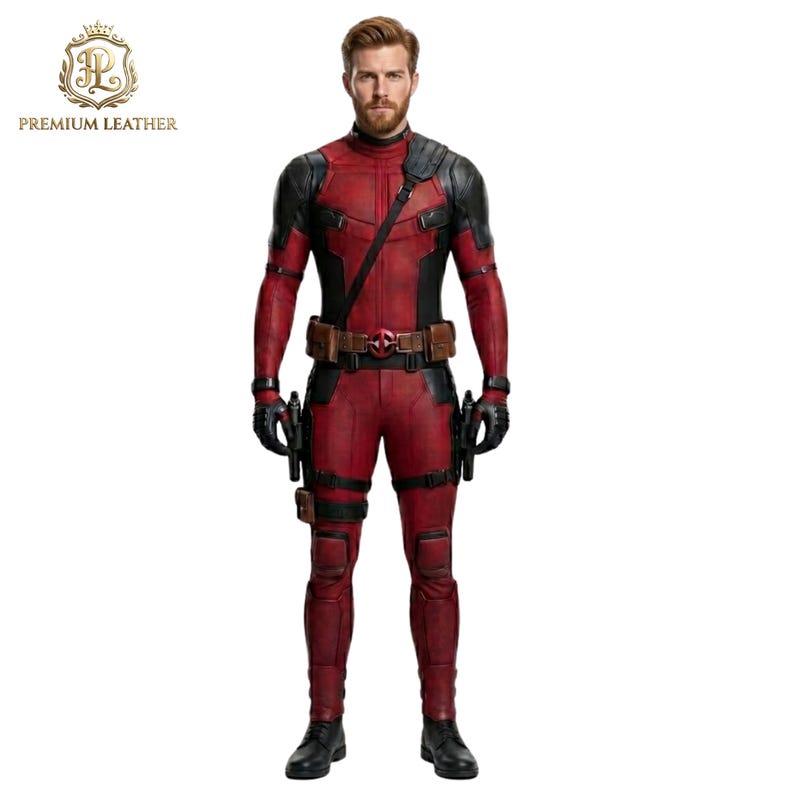 May include: A full-body red and black tactical suit featuring a textured leather-like finish, a utility belt with a central circular buckle, black gloves, and black boots. The suit includes shoulder straps, leg holsters, and knee padding.
