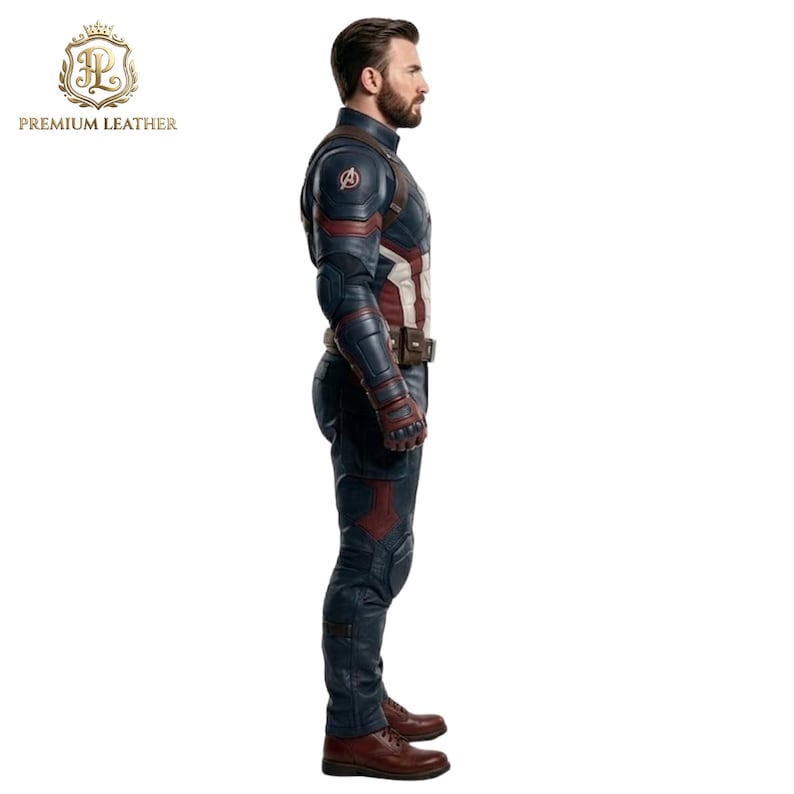 May include: A full-body leather costume featuring a dark blue and red tactical suit with an Avengers logo on the shoulder. The outfit includes matching trousers, brown leather boots, and a belt, presented in a side profile view against a white background.
