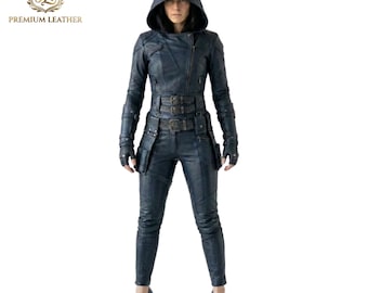 Women's Navy Blue Leather Hooded Jacket Pants Set Stealth Assassin Costume | Dark Fantasy Armor | LARP Cosplay Warrior Custom Made to Order