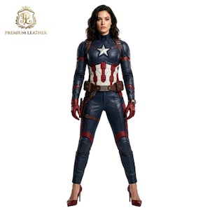 May include: A dark blue leather jumpsuit featuring a white star emblem on the chest, red and white vertical stripes on the torso, red leather gloves, and a brown utility belt. The outfit includes long sleeves and dark blue trousers.