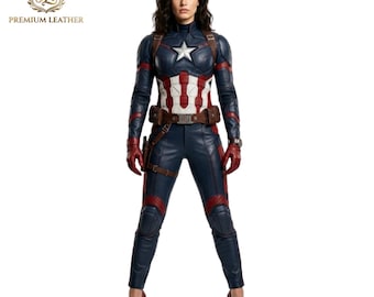 Women's Captain America Lambskin Leather Suit - Superhero Cosplay Costume Halloween Comic Con Bodysuit Movie Replica Outfit Perfect For Gift