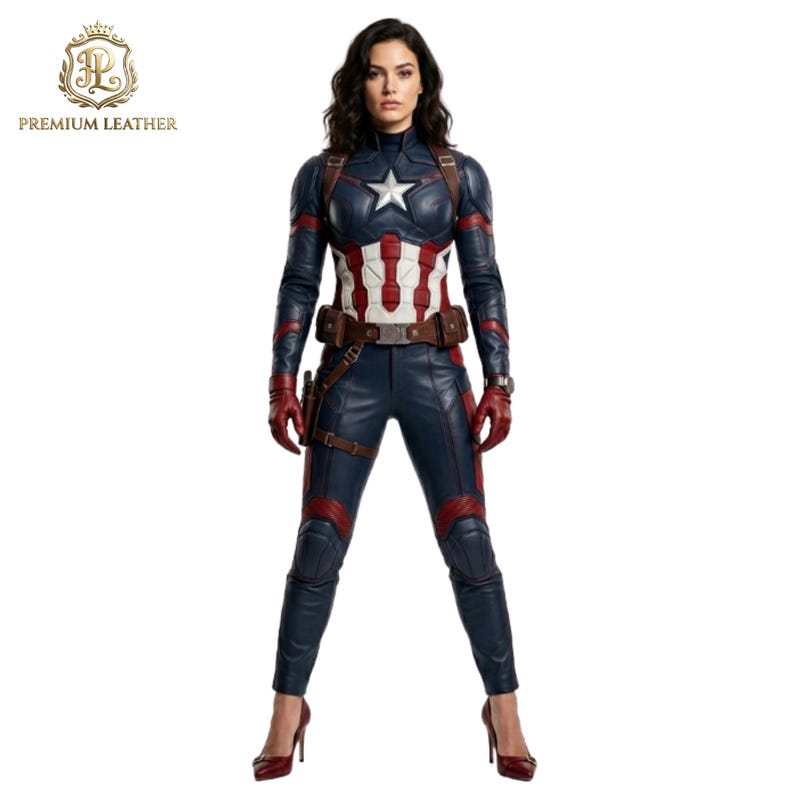 May include: A dark blue leather jumpsuit featuring a white star emblem on the chest, red and white vertical stripes on the torso, red leather gloves, and a brown utility belt. The outfit includes long sleeves and dark blue trousers.