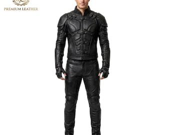 Men's Black Leather Armor Jacket Pants Set | Molded Chest Plate | Dark Knight Superhero Cosplay | Gothic LARP Warrior | Custom Made to Order
