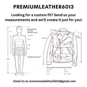 May include: A sizing guide graphic featuring a human silhouette and a jacket outline with dashed red lines indicating measurement points for shoulders, chest, waist, hips, arms, and back length. Text includes PREMIUMLEATHER6013 and contact email.