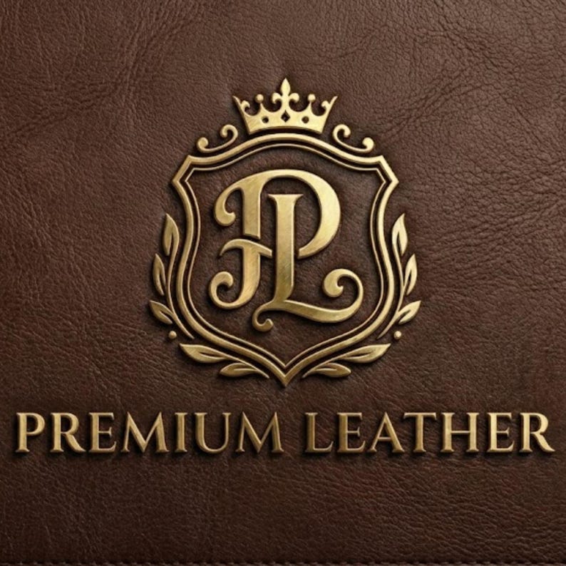 May include: A gold-colored emblem featuring the letters PL intertwined within a shield topped by a crown, set against a dark brown textured leather background. The text PREMIUM LEATHER is embossed in gold capital letters below the shield emblem.