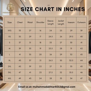 May include: A beige size chart for clothing with black text titled SIZE CHART IN INCHES. It lists measurements for sizes XXS to 4XL across categories including chest, waist, shoulder, sleeve length, jacket length, inseam, and outseam in inches.