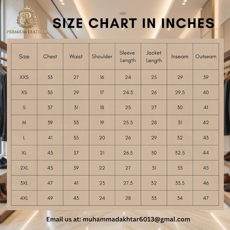 May include: A beige size chart for clothing with black text titled SIZE CHART IN INCHES. It lists measurements for sizes XXS to 4XL across categories including chest, waist, shoulder, sleeve length, jacket length, inseam, and outseam in inches.
