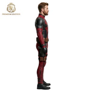 May include: A full-body red and black leather suit featuring a tactical belt with pouches, a holster on the right thigh, and black gloves. The suit has a fitted design with reinforced shoulder panels and dark accents, worn by a person in profile.