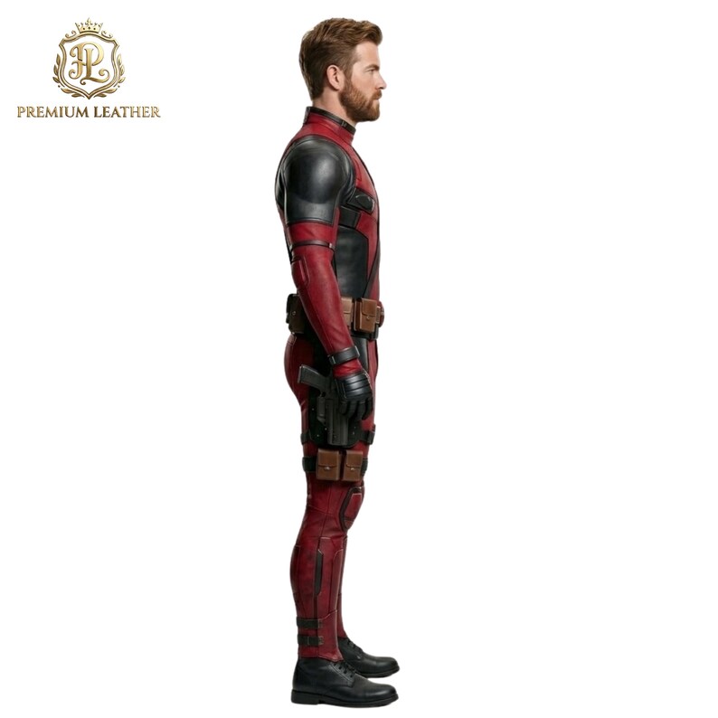 May include: A full-body red and black leather suit featuring a tactical belt with pouches, a holster on the right thigh, and black gloves. The suit has a fitted design with reinforced shoulder panels and dark accents, worn by a person in profile.