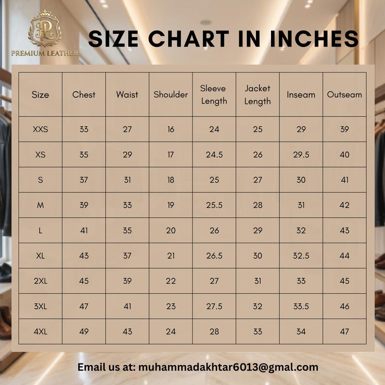 May include: A beige size chart for clothing with black text titled SIZE CHART IN INCHES. It lists measurements for sizes XXS to 4XL across categories including chest, waist, shoulder, sleeve length, jacket length, inseam, and outseam in inches.