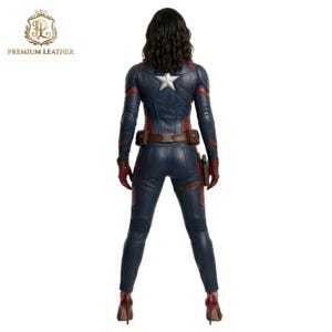 May include: A full-body leather suit in navy blue and dark red, featuring a prominent silver star emblem on the back, long sleeves, a utility belt with a holster, and matching red high-heeled shoes, viewed from the back on a white background.