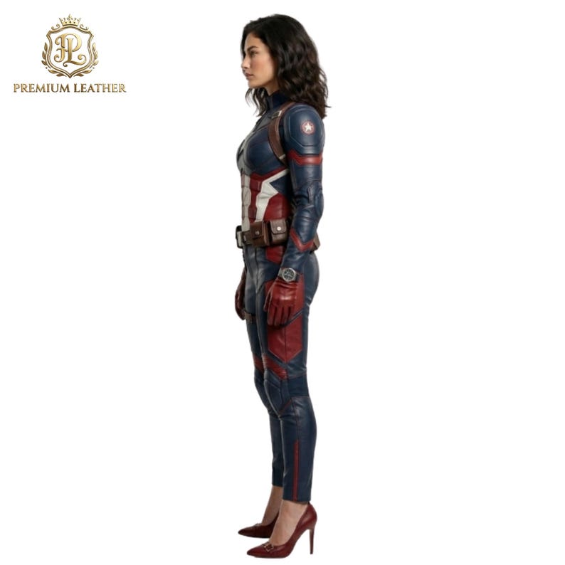 May include: A full-body leather suit featuring a navy blue, red, and white colour scheme. The suit includes a fitted jacket with a star emblem on the shoulder, matching trousers, a brown utility belt, and red leather gloves. The design incorporates structured paneling and a high collar, presented in a side profile view against a plain white background.