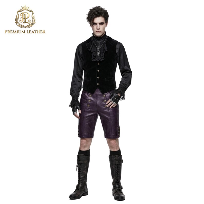 May include: A black long-sleeved shirt with a ruffled collar, a black velvet vest with silver buttons, and purple leather shorts featuring double rows of brass-toned buttons. The outfit includes black fingerless gloves and tall black lace-up boots.