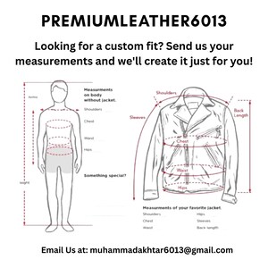 May include: A sizing guide graphic labeled PREMIUMLEATHER6013. It displays a human silhouette and a jacket outline with dashed red lines indicating measurement points for arms, shoulders, chest, waist, hips, and back length. Includes contact email.