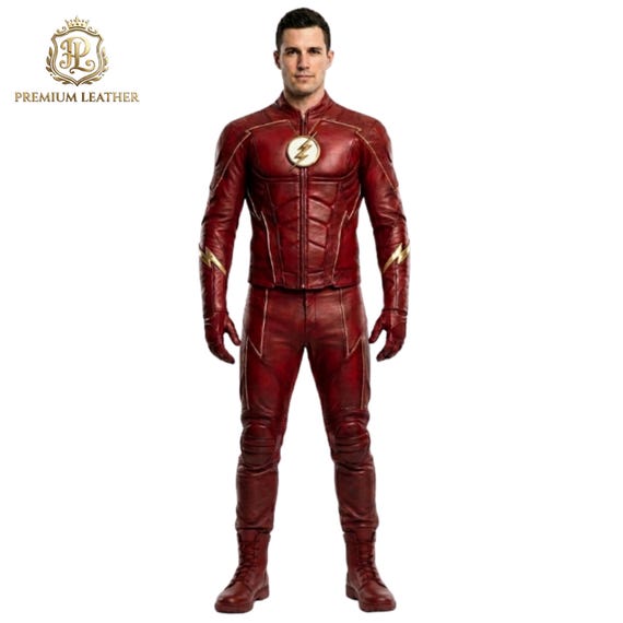 Premium Lambskin Leather Flash Cosplay Costume | Handmade Movie Replica Speedster Suit | Red Tactical Leather Jacket & Pants Set for Men