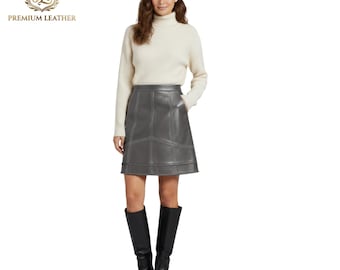 Women's Real Leather Mini Skirt, Handmade Whipstitch Hem A-Line Flare Skirt, Topstitch Panel Short Skirt, Custom Size Black Green All Color