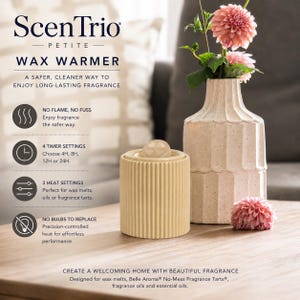 May include: A cylindrical, ribbed, light yellow wax warmer sits next to a textured, off-white vase containing pink flowers. Text on the image reads: ScenTrio Petite Wax Warmer, A safer, cleaner way to enjoy long-lasting fragrance, No flame, no fuss, 4 timer settings, 3 heat settings, No bulbs to replace, Create a welcoming home with beautiful fragrance.