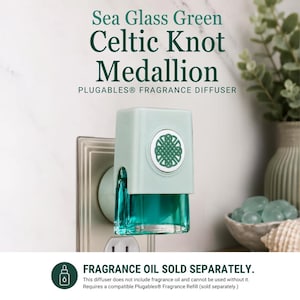 May include: A sea glass green Plugables fragrance diffuser featuring a circular medallion with a dark green Celtic knot design. The device is plugged into a wall outlet and has a translucent teal base. Text reads Sea Glass Green Celtic Knot Medallion.