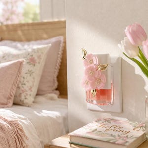 May include: A wall plug-in fragrance warmer featuring a white rectangular base adorned with three dimensional pink flowers and gold leaves. The device holds a clear glass bottle filled with a coral-colored liquid, plugged into a white wall outlet.