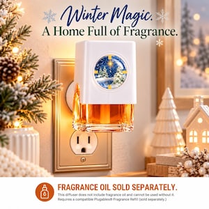 May include: A white wall plug-in fragrance diffuser featuring a circular winter landscape graphic with snow-covered trees and a bright star. The text reads Winter Magic. A Home Full of Fragrance. FRAGRANCE OIL SOLD SEPARATELY.