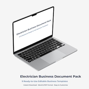 Könnte beinhalten: Ein silberner Laptop mit dem Text "Electrician Business Document Pack" und "9 Professional Ready-to-Use Business Templates" auf dem Bildschirm. Unter dem Laptop stehen der Text "Electrician Business Document Pack" und Vorlagendetails.