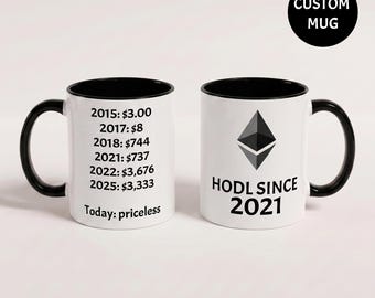 Ethereum HODL Mug Custom Year, Crypto Investor Gift, ETH Coffee Cup, Personalized Blockchain Gift for Him