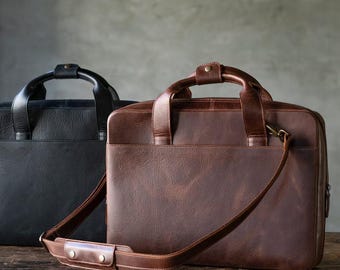 Personalized Full Grain Leather Laptop Bag – 16" Monogram Briefcase Messenger Bag