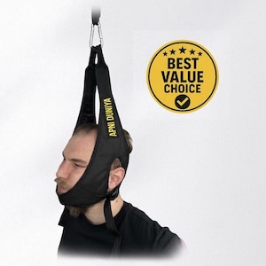 May include: A black neck traction device with the text "APNI DUNIYA" in yellow. The device is suspended from a metal clip. A yellow and black "Best Value Choice" sticker is visible.
