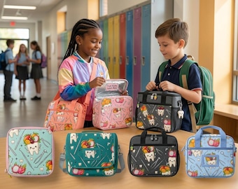 Bolsa y fiambrera dental Pippity Kawaii con diseño digital / Nombre personalizado disponible / Diseño de corona de frutas y dientes / Set de almuerzo para niños