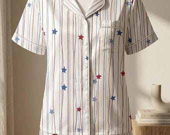 Conjunto de pijama de satén vintage del 4 de julio, pijama del 250 aniversario de EE. UU., top retro con estrella patriótica de EE. UU., conjunto de verano rojo, blanco y azul, regalo.
