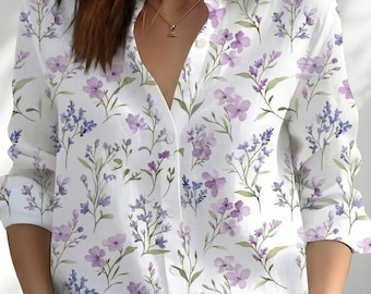 Camicetta floreale, camicia vintage con fiori ad acquerello, abbigliamento cottagecore, top casual a maniche lunghe con bottoni, regalo per lei