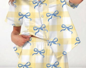 Women’s Coquette Bow Satin Pajama Set, Yellow Gingham Sleepwear, Blue Ribbon Print Pjs, Cute Summer Loungewear Gift