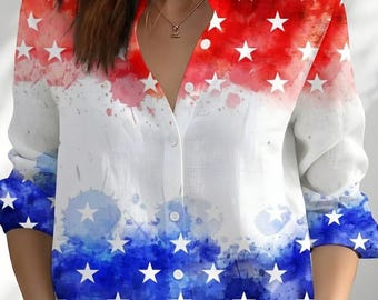Blusa/Camisa del 250 Aniversario de EE. UU., Blusa de Lino del Semiquincentenario, Blusa Retro con Bandera Americana 1776 para Mujer, Regalo del 4 de Julio para Ella
