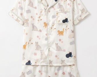 Women Floral Cat Satin Pajamas Set, Botanical Cat Print Sleepwear, Cute Cat Lover Gift for Her, Aesthetic Cottagecore Loungewear Set