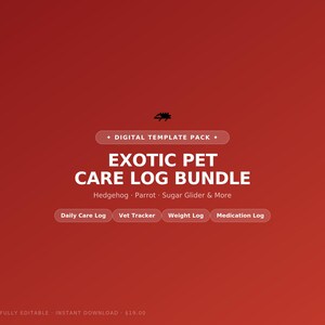 Paquete de registro de cuidados para mascotas exóticas / Rastreador de erizos, loros y reptiles (descarga digital)