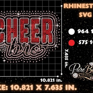 May include: A rhinestone SVG design on a black background. The design features the words "CHEER" and "us" in a stylized font, with red and white rhinestones. The design measures 10.821 x 7.635 inches.