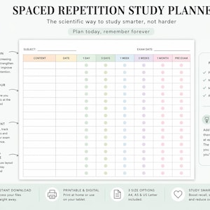 Könnte beinhalten: Ein Spaced Repetition Study Planner mit Pastellfarben. Der Planer enthält Abschnitte für Fach, Datum und Prüfungstermin mit Wiederholungsintervallen. Text: "Planen Sie heute, erinnern Sie sich für immer" und "Sofortiger Download."