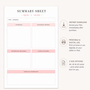 May include: Printable summary sheets for study notes, with a pastel pink and white design. Includes sections for pathology, diagnostic criteria, and clinical features. Available in A4, A5, and US Letter sizes. Perfect for psychology, medical, or nursing students.