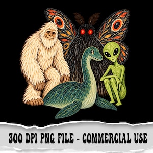 Può includere: Un'illustrazione digitale che raffigura un Bigfoot bianco peloso, una creatura nera simile a una falena con grandi ali arancioni e rosse, una creatura acquatica verde dal collo lungo e un piccolo alieno verde. Il testo recita 300 DPI PNG FILE - COMMERCIAL USE.