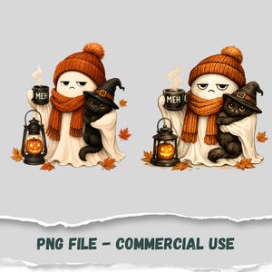 Grumpy Ghost PNG, Cute Ghost with Black Cat PNG, Vintage Halloween PNG, Retro Halloween Shirt Design, Sublimation, Instant Download