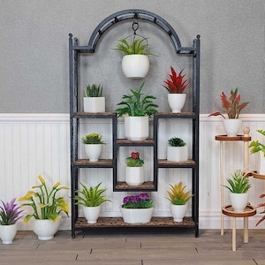 Miniature 9 Shelf Plant Stand with Hanging Trellis, 1:12 Scale Plant Stand, Mini Greenhouse Plant Stand, Dollhouse Plants, Dollhouse Decor