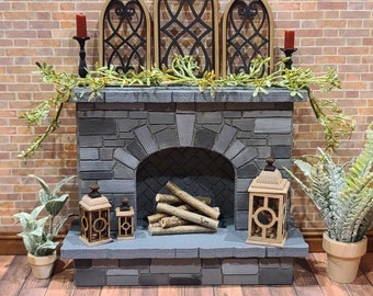 May include: A decorative fireplace mantel with a stone surround and a wooden frame. The mantel features a set of four wooden windowpane designs and two candle holders. The fireplace has a black metal grate and a brick hearth. There are two potted plants on either side of the fireplace.