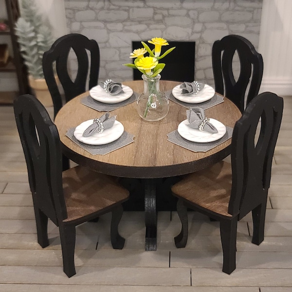 Miniature Round Dining Table and Chairs - Walnut/Black, Dollhouse Dining Set, 1:12 Scale Furniture, Traditional Style Furniture, Scroll Base