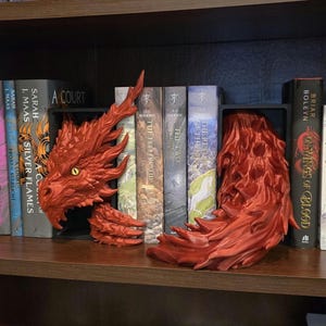 May include: A red dragon bookend set on a wooden shelf, holding up a collection of books. The dragon's head and tail are visible, with intricate details. The books have colorful spines and titles.